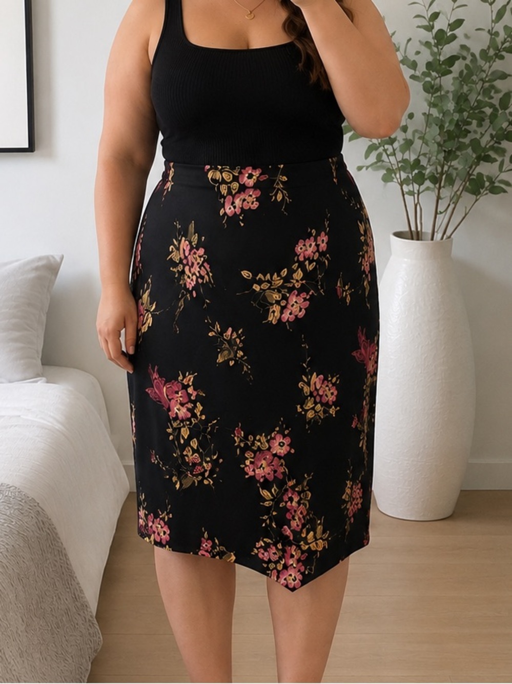 Asymmetrical Women 1X Floral Black Skirt Y2K Vintage Fairy Flowy Romantic Birds